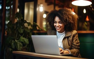 African-american dark-skinned black woman in a cafe working on a laptop