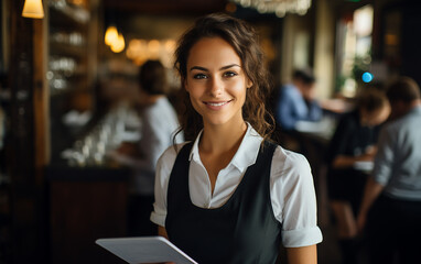 Fair-skinned brunette girl waitress in a restaurant. Woman welcoming guests having prosperous catering business concept.
