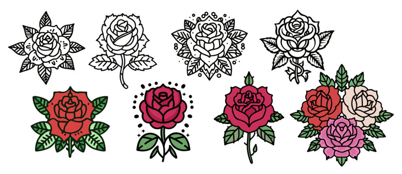 Old tattoo school colored icons set with roses symbols isolated on transparent background, vector illustration. vintage tattoo