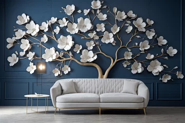 Zelfklevend Fotobehang A 3D intricate pattern of a magnolia tree, its large white blossoms standing out against a dark blue wall, with a light grey sofa for contrast. © Davide Angelini