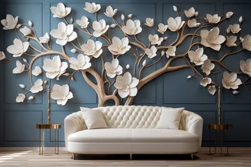 Keuken spatwand met foto A 3D intricate pattern of a magnolia tree, its large white blossoms standing out against a dark blue wall, with a light grey sofa for contrast. © Davide Angelini