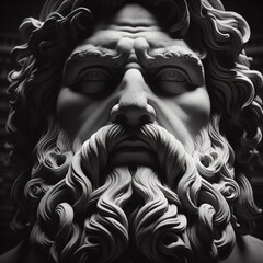 Handsome marble statue of powerful greek god Zeus over dark background, The powerful king of the gods in ancient Greek religion. - obrazy, fototapety, plakaty