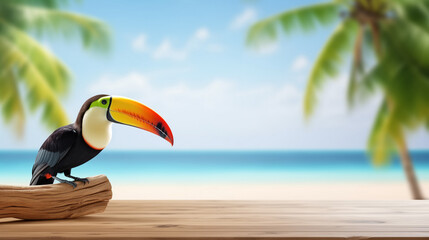 A toucan bird sitting on empty wooden tabletop for product display. Sunny tropical island beach, palm trees, sea at the background. Copy space - Powered by Adobe
