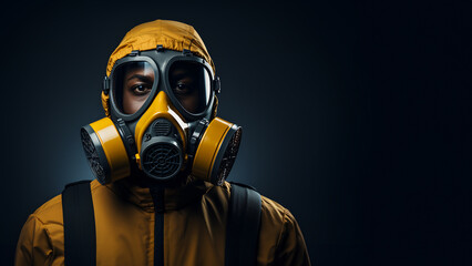 Close-up portrait of black man in a gas mask on a dark background. ai generated