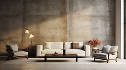 living room with concrete wall, in the style of dark white and bronze, old-world charm, rich, painterly surfaces, beige, vintage-inspired
