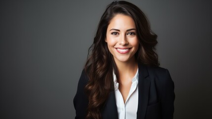 Portrait of a beautiful, smiling young brunette latina businesswoman on a gray background - obrazy, fototapety, plakaty
