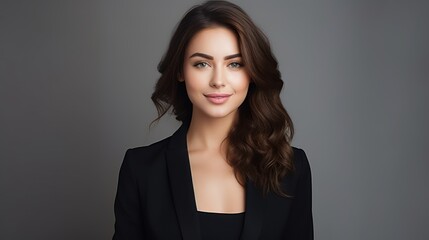 Fototapeta premium Portrait of a beautiful, smiling young brunette businesswoman on a plain background