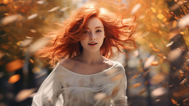 Beautiful red-haired girl running through the autumn forest.