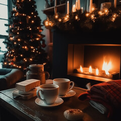 Warm cup of coffee by the fireplace 