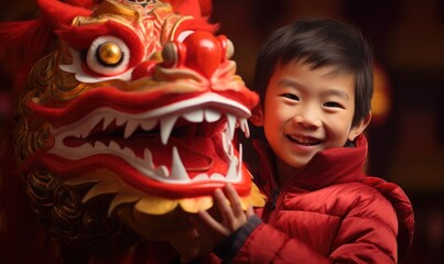 Child with dragon. Chinese New Year. Little Asian boy wearing a red suit. With a dragon in the background - obrazy, fototapety, plakaty