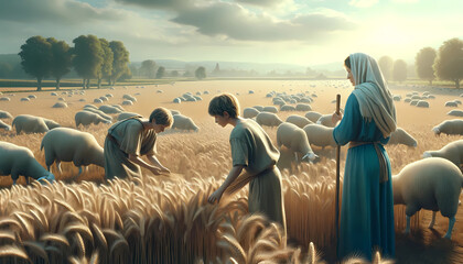 Bucolic Harmony: Eve Overseeing Young Cain and Abel in the Fields - obrazy, fototapety, plakaty