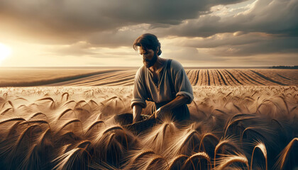 Harvest Devotion: Man Working in the Vast Grain Fields at Sunset - obrazy, fototapety, plakaty
