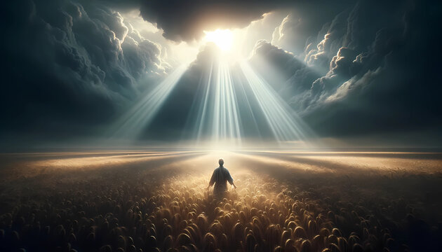 Celestial Epiphany: Man Standing in Wheat Field Gazing at Divine Light