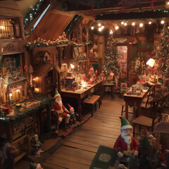 Santa's workshop with tinkering elves 
