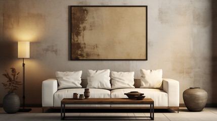 Modern living room with white couch, wall, table and lamp, in the style of dark gold and dark beige