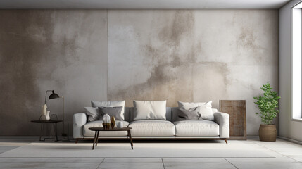 Modern living room with white couch, wall, table and lamp, in the style of dark gold and dark beige