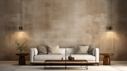 Modern living room with white couch, wall, table and lamp, in the style of dark gold and dark beige