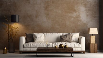Fototapeta na wymiar Modern living room with white couch, wall, table and lamp, in the style of dark gold and dark beige