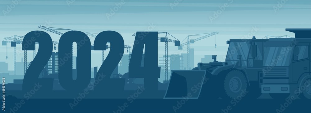 Sticker dawn in a city under construction with the year 2024 with dumper truck and front loader in panoramic