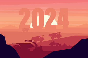 Sunset in a mining extraction with the year 2024 in the background with heavy machinery such as a mining truck, front loader and a tracked excavator. Celebrating the beginning of a happy new year