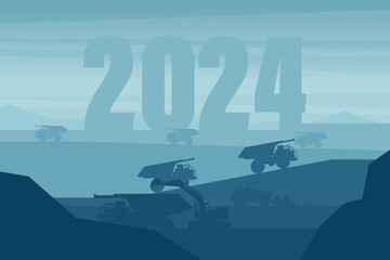 Dawn in a mining extraction with the year 2024 in the background with heavy machinery such as a mining truck, front loader and a tracked excavator. Celebrating the beginning of a happy new year - obrazy, fototapety, plakaty