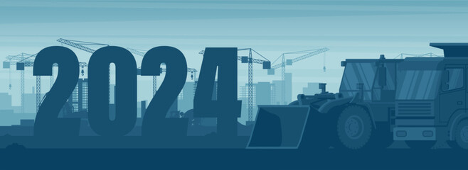 Dawn in a city under construction with the year 2024 with dumper truck and front loader in panoramic background. Celebrating the beginning of a happy new year. Heavy machinery © Ipajoel