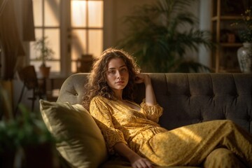 Obraz na płótnie Canvas Beautiful indoor creamy intimate portrait of a girl in a yellow dress, lounging back on the sofa, a sense of relaxation and ease — professional high res photography
