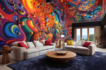 A grand living room with a 3D intricate colorful wall featuring a vibrant, artistic representation of a fantasy world.