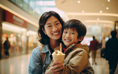 Asian mother with her son are eating ice cream in the mall