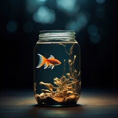 Goldfish on a aquarium with clear water on a dark background poster illustration