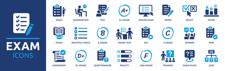 Exam icon set. Containing test, score, quiz, questionnaire, results, pass, online exam and more. Solid vector icons collection. - obrazy, fototapety, plakaty