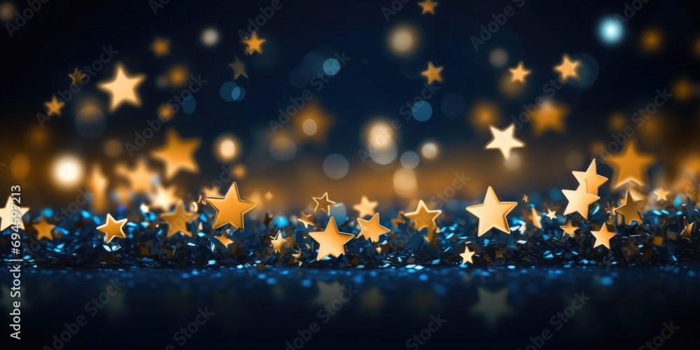 Poster golden stars on blue background with lighting effect and sparkle. generative ai.