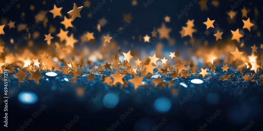 Poster golden stars on blue background with lighting effect and sparkle. generative ai.