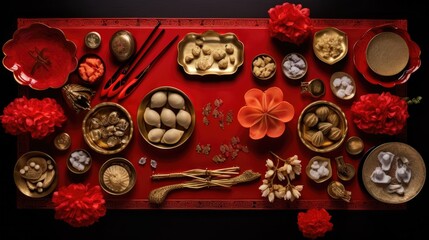 Chinese dumplings ?? jiaozi on table flat lay view. Lunar new years. Chinese New Year. Asian festive food - obrazy, fototapety, plakaty