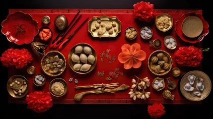 Fotobehang Chinese dumplings ?? jiaozi on table flat lay view. Lunar new years. Chinese New Year. Asian festive food © megavectors