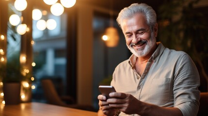 Happy senior male holding smartphone using mobile phone app. Technology, communication, happy adult man with smartphone at home, recreation, communication, sociality, hobbies, adaptation, AI gen. - obrazy, fototapety, plakaty