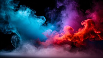 Dramatic smoke and fog in contrasting vivid red, blue, and purple colors.