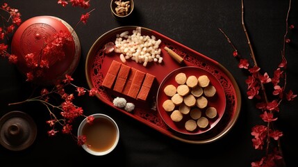 Chinese festive table asian food flat lay view. Lunar new years. Chinese New Year. Asian festive food