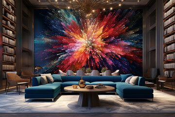 A luxury living room with a 3D intricate colorful wall displaying a captivating, abstract firework...