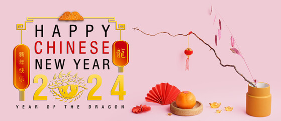 Mandarin, tree branches and Chinese symbols on pink background