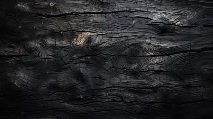 Rolgordijnen Burnt wood texture background, charred black timber. Abstract vintage pattern of dark burned scorched tree close-up. Concept of charcoal, coal, embers, wallpaper, firewood, smoke © karina_lo