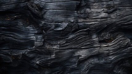 Burned wood texture background, charred black timber. Abstract pattern of dark burnt scorched tree close-up. Concept of charcoal, coal, grill, embers, wallpaper, firewood, barbecue