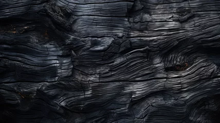 Foto op Plexiglas Burned wood texture background, charred black timber. Abstract pattern of dark burnt scorched tree close-up. Concept of charcoal, coal, grill, embers, wallpaper, firewood, barbecue © karina_lo