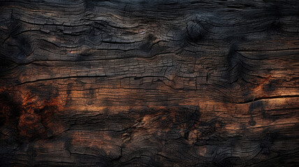 Burnt wood texture, charred brown timber background. Abstract pattern of dark scorched tree. Concept of charcoal, structure, vintage, wallpaper, firewood, smoke