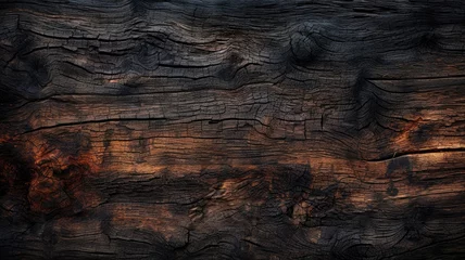 Rolgordijnen Burnt wood texture, charred brown timber background. Abstract pattern of dark scorched tree. Concept of charcoal, structure, vintage, wallpaper, firewood, smoke © karina_lo