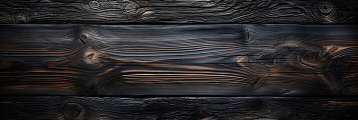Panoramic banner of burned wood texture, charred black timber background. Abstract pattern of dark burnt scorched tree. Concept of charcoal, coal, grill, vintage, wallpaper, firewood
