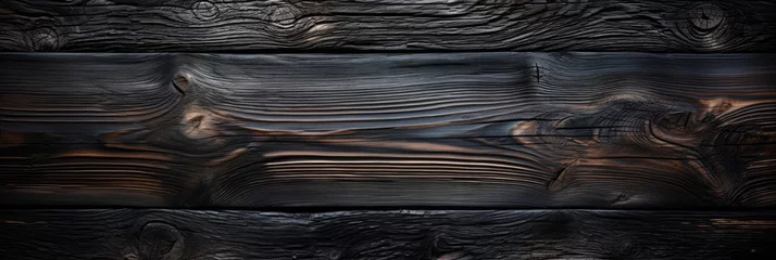 Foto op Aluminium Panoramic banner of burned wood texture, charred black timber background. Abstract pattern of dark burnt scorched tree. Concept of charcoal, coal, grill, vintage, wallpaper, firewood © karina_lo
