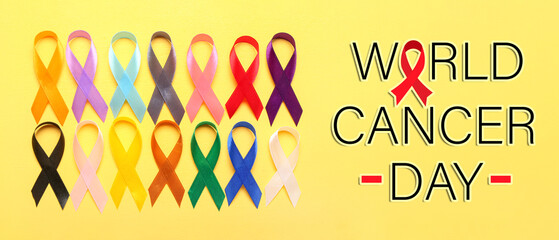 Banner for World Cancer Day with awareness ribbons on yellow background