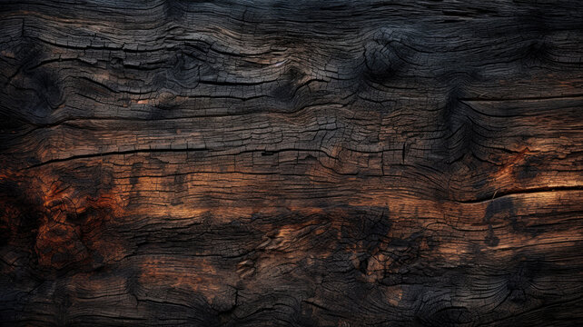Burnt wood texture, charred brown timber background. Abstract pattern of dark scorched tree. Concept of charcoal, structure, vintage, wallpaper, firewood, smoke