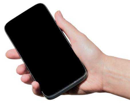 Girl Holding Smartphone With Blank Screen In Hand, on transparent, png. hand with black smartphone. communication